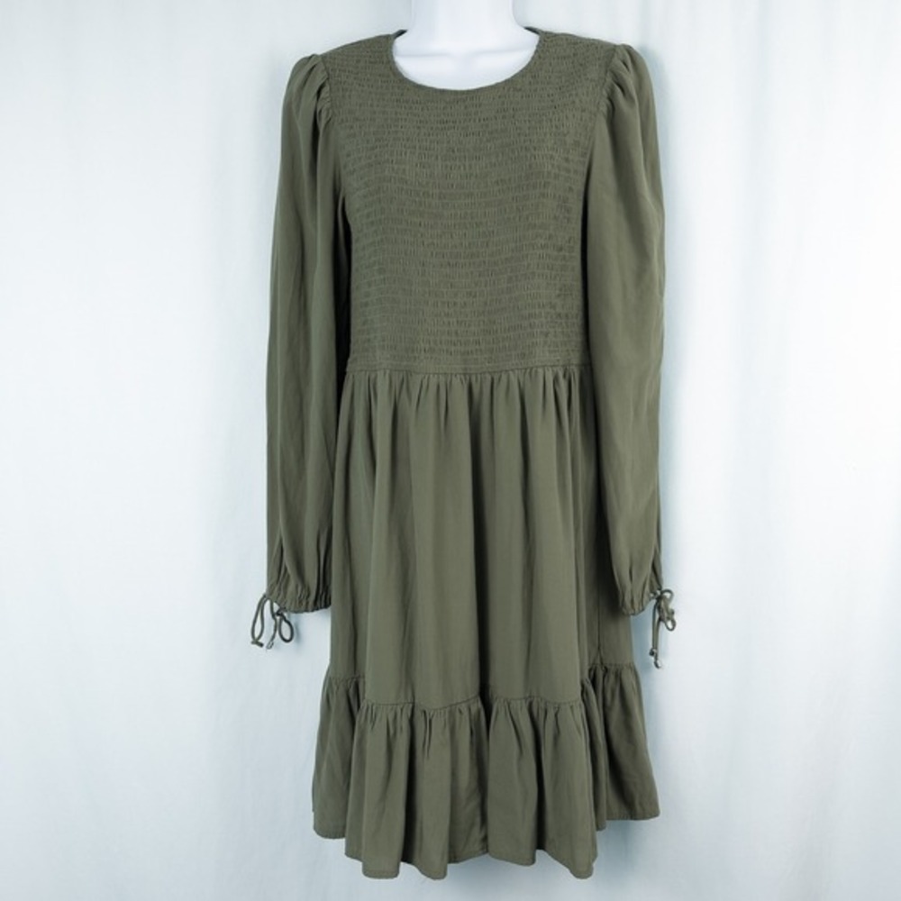 Tiered Smocked Long Puff Sleeve Mini Dress Medium Cottage Boho Western Green